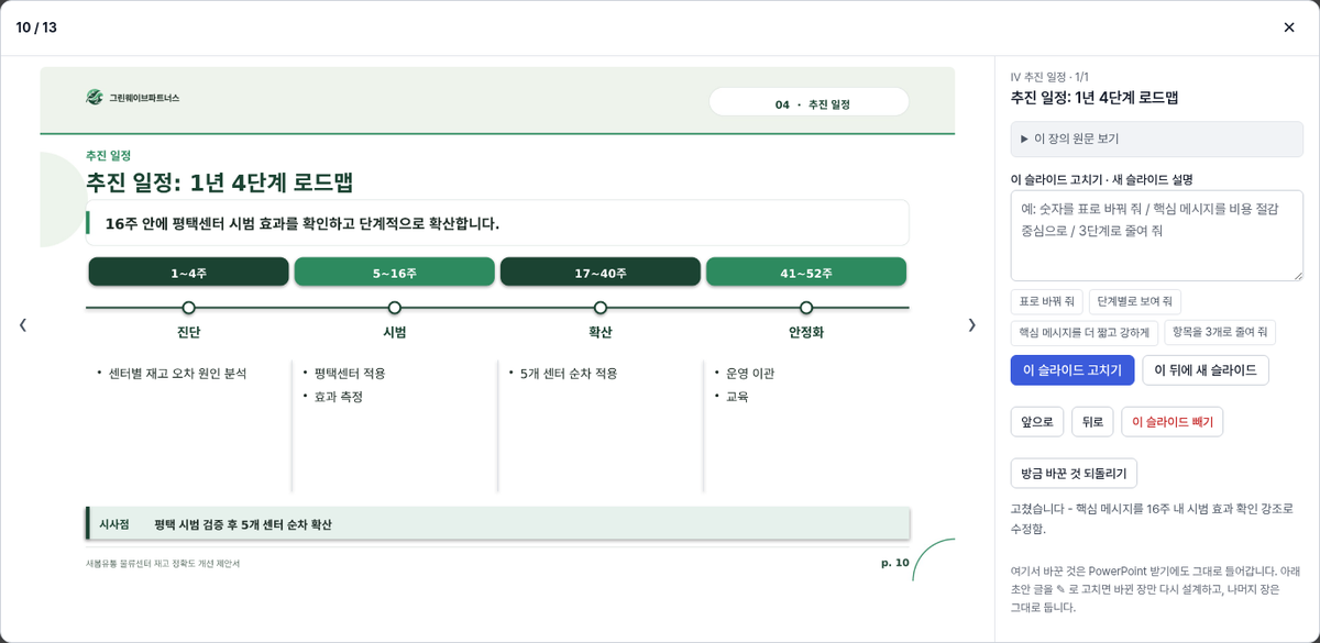 슬라이드 한 장을 열어 요청 문장으로 수정하는 화면